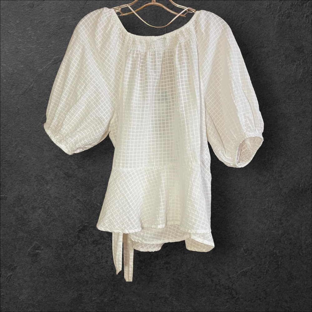 Puff Sleeve Wrap Bow Tie Textured White Blouse XXL - Picture 4 of 8